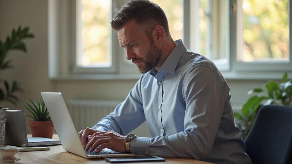Konzentrierter Geschäftsmann am Laptop in ruhiger Büroumgebung mit minimaler Ablenkung