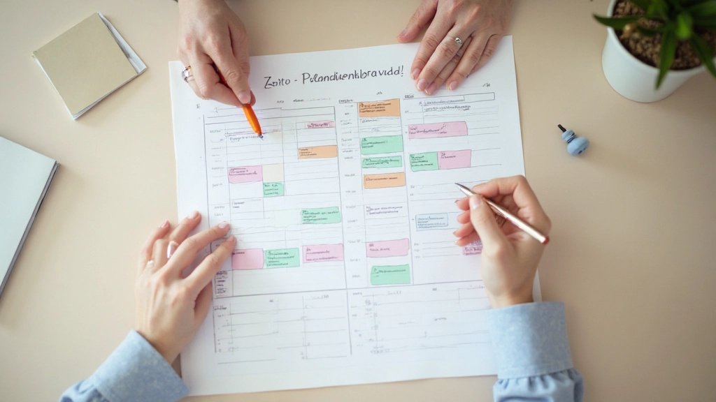 Detaillierter Blick auf strukturierten Wochenplan mit Zeitblöcken und farblichen Markierungen