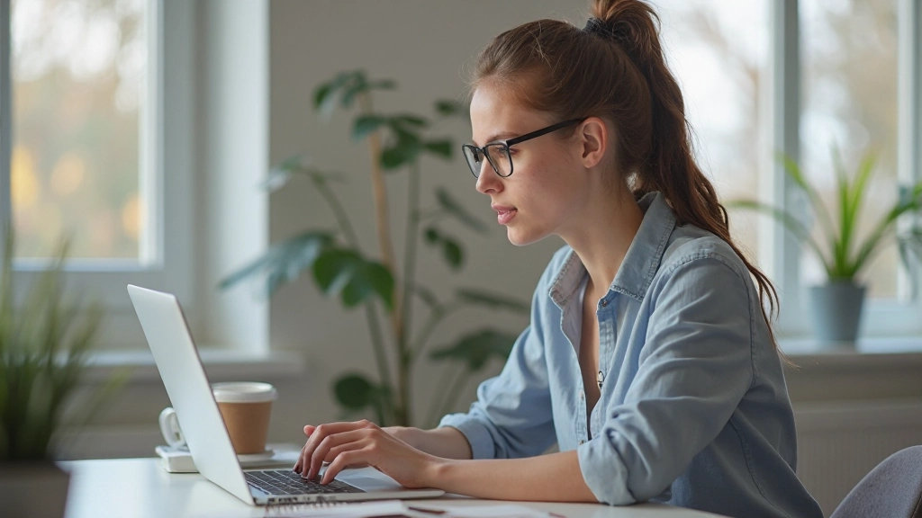 Frau arbeitet fokussiert am Laptop mit Timer, moderne Arbeitsumgebung